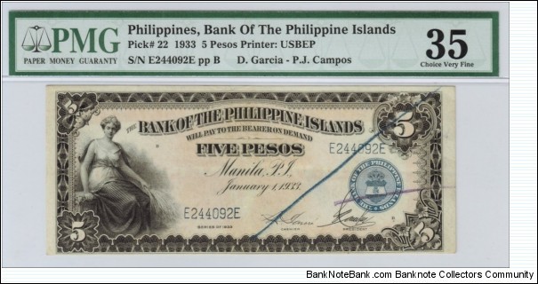 p22 5 Peso BPI Note (PMG Choice Very Fine 35) Banknote