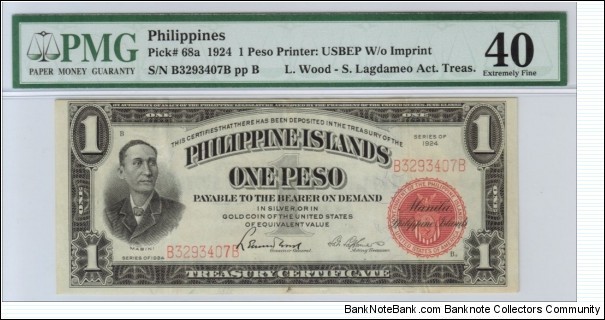 p68a 1924 1 Peso Treasury Certificate (PMG Extremely Fine 40) Banknote