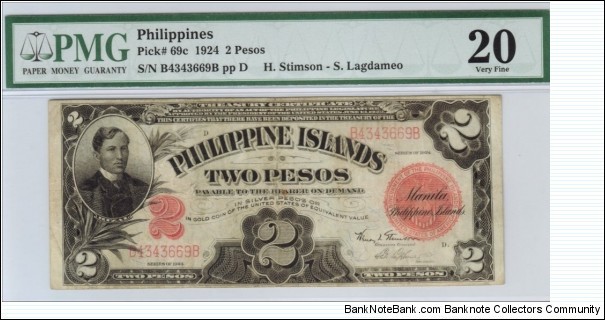 p69c 1924 2 Peso Philippine Islands Treasury Certificate (PMG Very Fine 20) Banknote