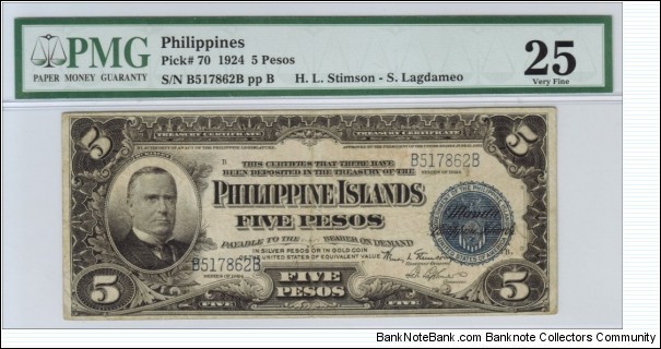 p70 1924 5 Peso Philippine Islands Treasury Certificate (PMG Very Fine 25) Banknote