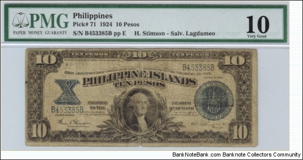 p71 1924 10 Peso Philippine Islands Treasury Certificate (PMG Very Good 10) Banknote