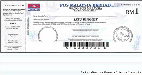 Pahang 2010 1 Ringgit postal order. Banknote