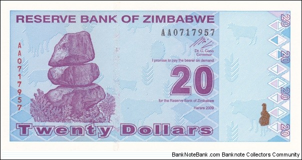 Zimbabwe P95 (20 dollar 2009) Banknote