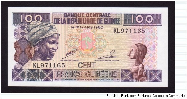 Guinea 1998 P-35 100 Francs Banknote