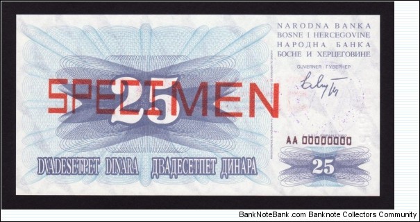 Bosnia 1993 P-11s 25 Dinara Banknote