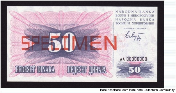 Bosnia 1993 P-12s 50 Dinara Banknote