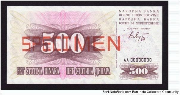 Bosnia 1993 P-14s 500 Dinara Banknote