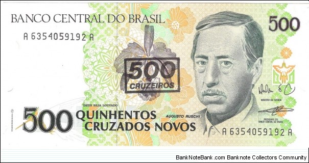 500 Cruzados Novos overprinted with value 500 Cruzeiros Banknote