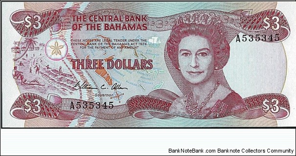 Bahamas N.D. 3 Dollars.

This note reminds me of the Chatham Islands & Cook Islands 3 Dollars notes. Banknote