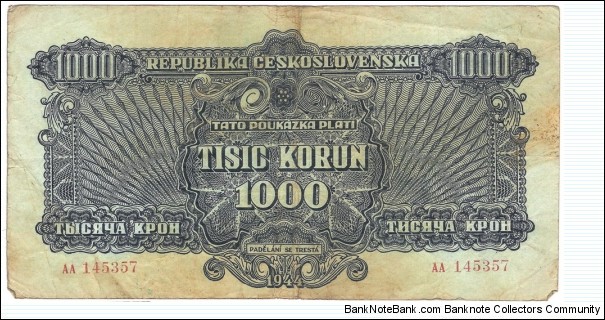 1000 Korun(Czechoslovakia-Soviet Union occupation 1944) Banknote