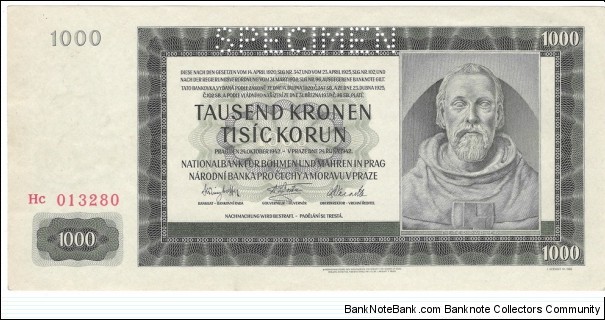 1000 Kronen/Korun(Protectorate of Bohemia and Moravia 1942)  Banknote