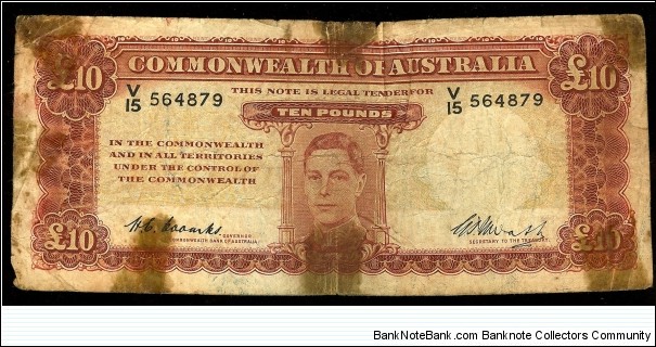1949 Ten Pound note. Well circulated & in poor condition. Banknote