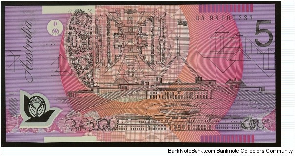 1996 Five Dollar polymer note in UNC. First Prefix BA96 000333 low number & semi solid (SCARCE) Banknote