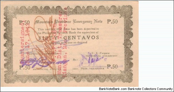 S-594 Philippine Mountain Province Emergency note, countersigned Kiangan. Banknote