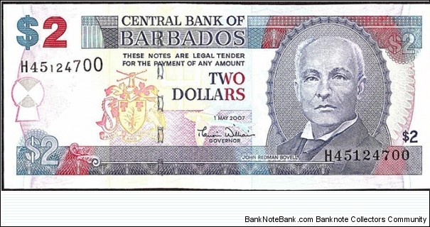 Barbados 2007 2 Dollars.

Cut unevenly at both top & bottom. Banknote