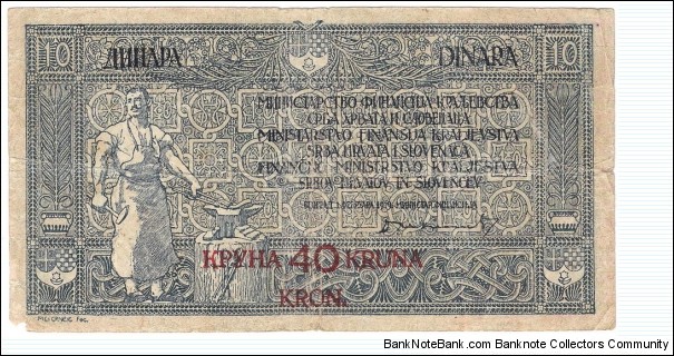 10 Dinara(overprinted with value 40 kruna/ 1919) Banknote