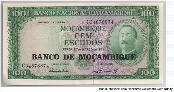 Mozambique 100 Escudos 1961 P109b. Banknote