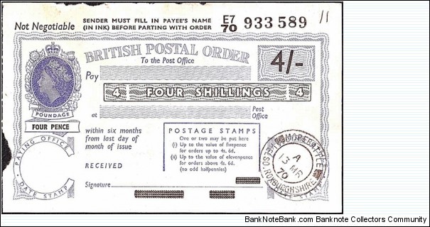 Scotland 1970 4 Shillings postal order.

Issued at Morebattle,Kelso (Roxburghshire). Banknote