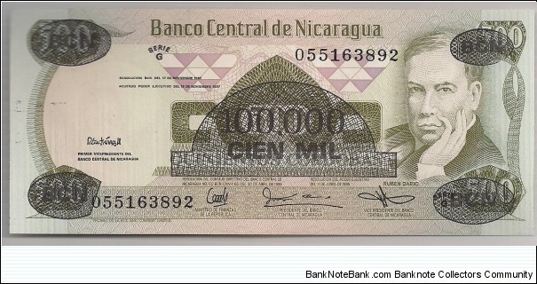 Nicaragua 100000 Cordobas ovpt 1987 P149. Banknote