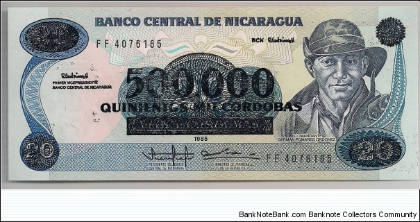 Nicaragua 500000 Cordobas ovpt 1990 P163. Banknote