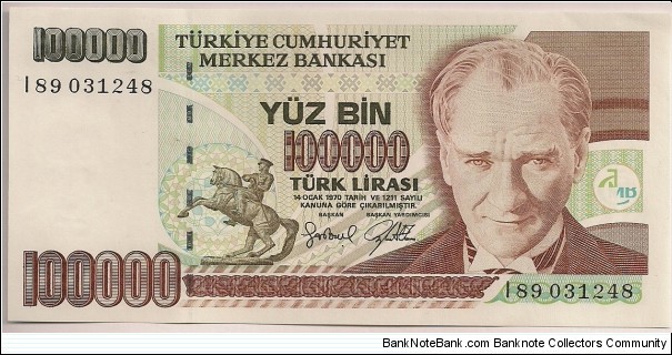 Turkey 100000 Lira 1997 P206. Banknote