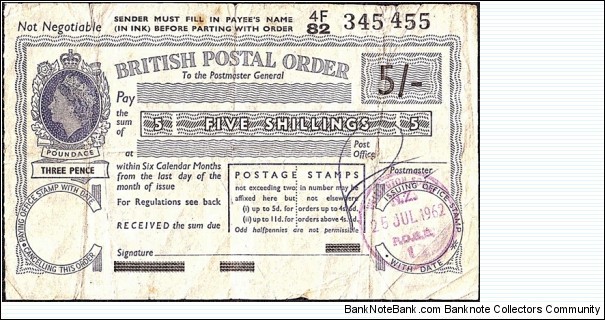 New Zealand 1962 5 Shillings postal order.

Issued at Wellington South (Newtown,Wellington). Banknote