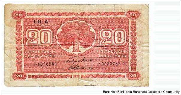 20 Markkaa Litt.A Serie F Banknote size 119 X 68mm (inch 4,685 X 2,677) This note is made of 14.8-17.8.1929
 Banknote