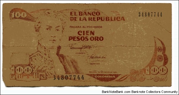 Cien Pesos oro - A dirty used note. Banknote