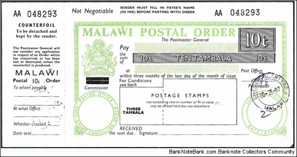 Malawi 1987 10 Tambala postal order.

Issued at Chichiri,Blantyre. Banknote