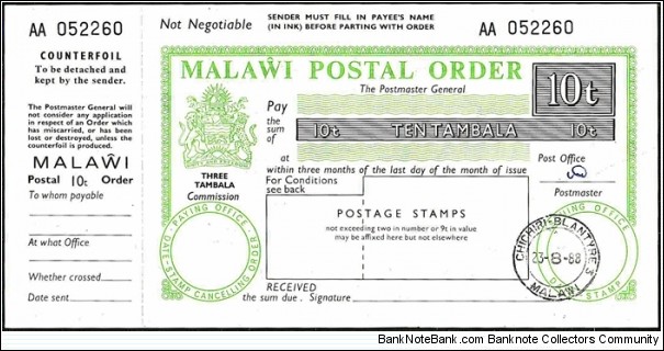 Malawi 1988 10 Tambala postal order.

Issued at Chichiri,Blantyre. Banknote