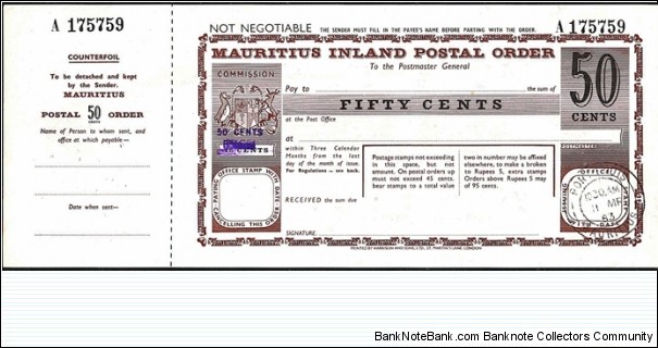 Mauritius 1983 50 Cents postal order.

Issued at Port Louis. Banknote