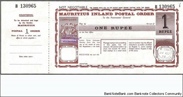 Mauritius 1978 1 Rupee postal order.

Issued at Port Louis. Banknote