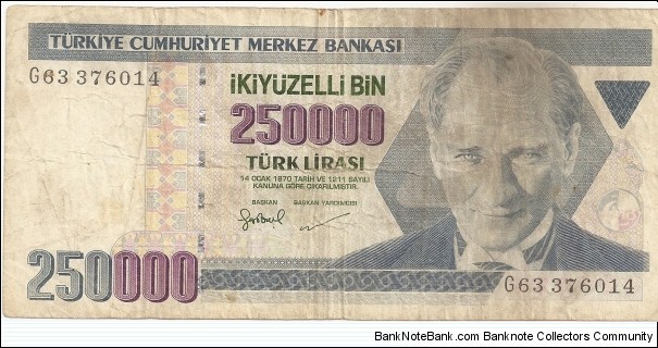 250,000 Turkish Lira Banknote