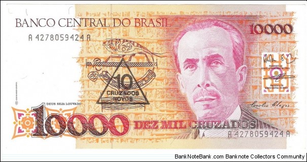 10.000 Cruzados(overprinted with value 10 Cruzados novos) Banknote