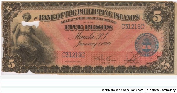 PI-13 Bank of the Philippine Islands 5 Peso note  (bug eaten) Banknote