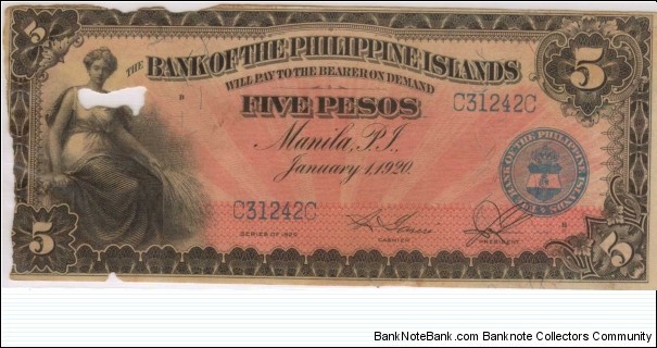 PI-13 Bank of the Philippine Islands 5 Peso note in series, 2 - 2.  (bug eaten). Banknote