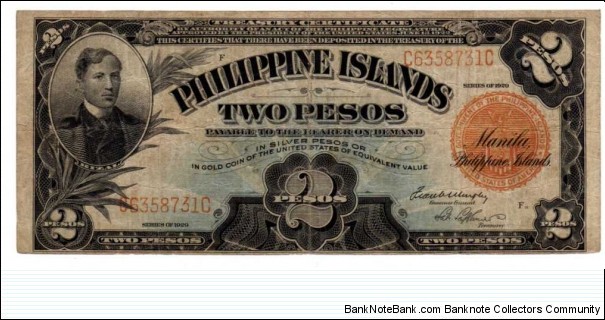 Scarce Issue,
This is a U.S. Philippine Treasury Certificate, payable in Siver Pesos or Gold Coin of the U.S.













 Banknote