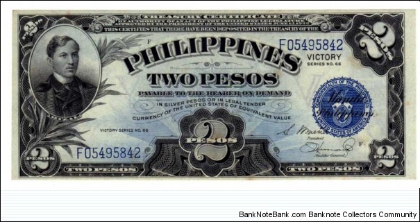 This is a U.S. Philippine Treasury Certificate, payable in Siver Pesos or legal tender currency of the U.S.





































2 Peso Rizal Signature 1



 Banknote