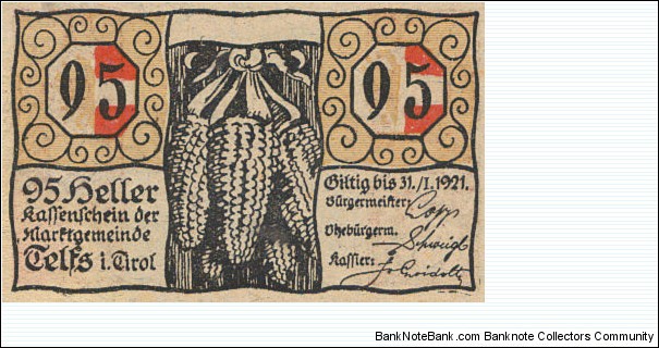 Telfs Austria  95 Heller 31Jan1921 Notgeld Banknote