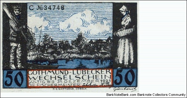 50pfennig Dec 1921 Lubeck Germany Notgeld Banknote