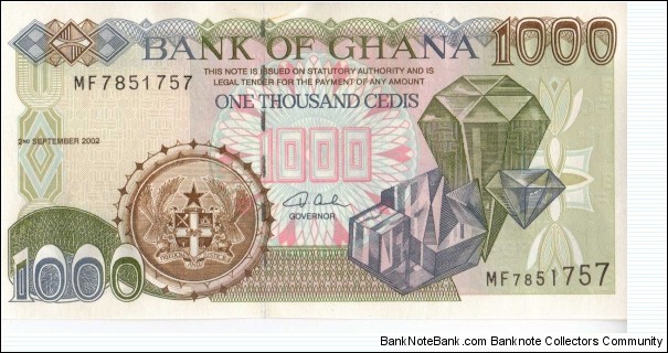 Ghana 1000 Cedis Note Diamonds on front and cocoa harvestors on back Banknote