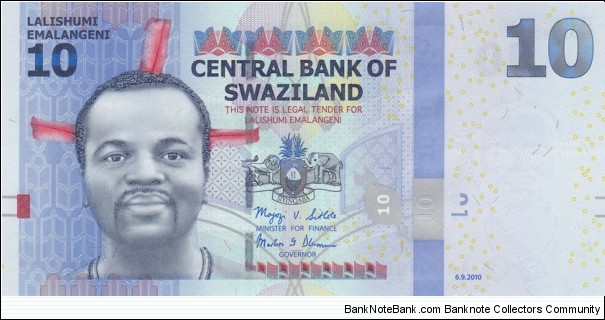 Swaziland PNew (10 emalangeni 6/9-2010) Banknote