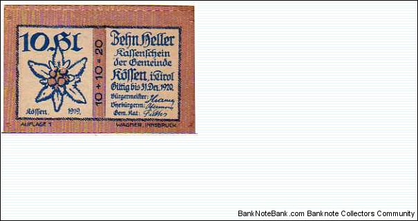 *NOTGELD*__10 Heller__31.12.1920__1° Auflage__Kossen in Tirol Banknote