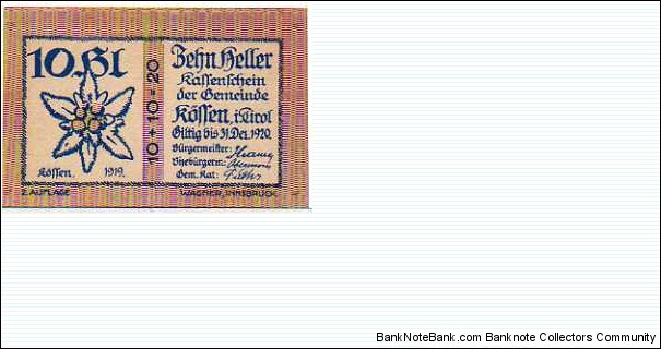 *NOTGELD*__10 Heller__31.12.1920__2° Auflage__Kossen in Tirol  Banknote