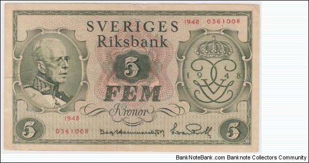 1948 Sweden 5 Kron Banknote
