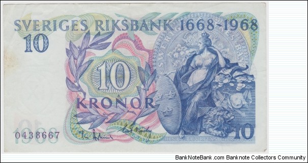 1968 Sweden 10 Krona Banknote