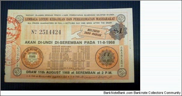 Lottery Malaysia 1968
For Sale RM55 / USD18

 Banknote