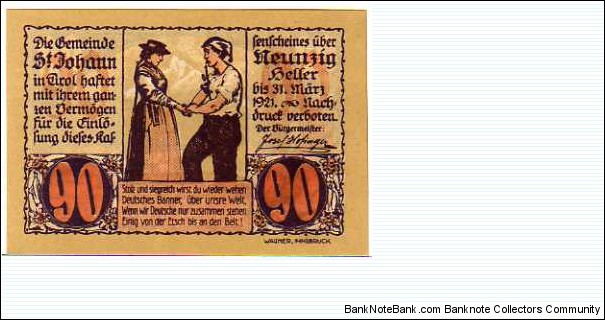 *NOTGELD*__90 Heller__pk# NL__St. Johann in Tirol__31.03.1921 Banknote