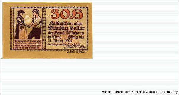 *NOTGELD*__30 Heller__pk# NL__31.03.1921__St. Johann in Tirol Banknote