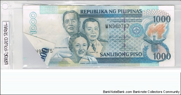 1000 Pesos during Gloria Macapagal-Arroyo's Administration, Error - Folded left corner which brought printing of the serial number at the back Banknote